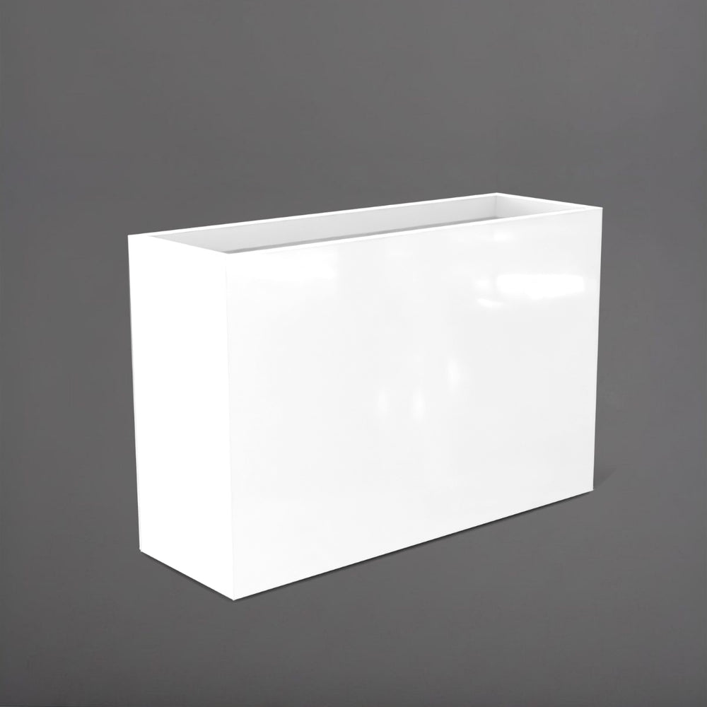 Potsdam Rectangle Fiberglass Planter in gloss bright white against gray background.
