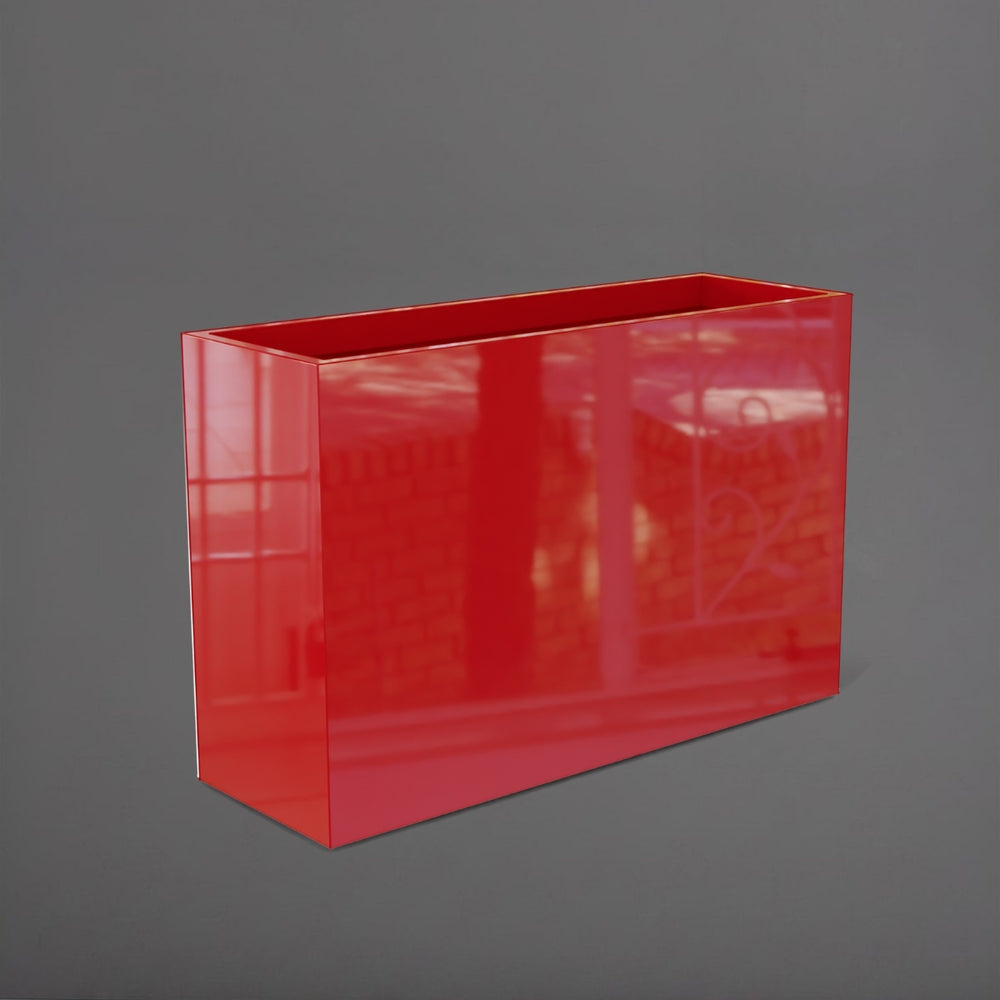 Potsdam Rectangle Fiberglass Planter in gloss red against gray background.