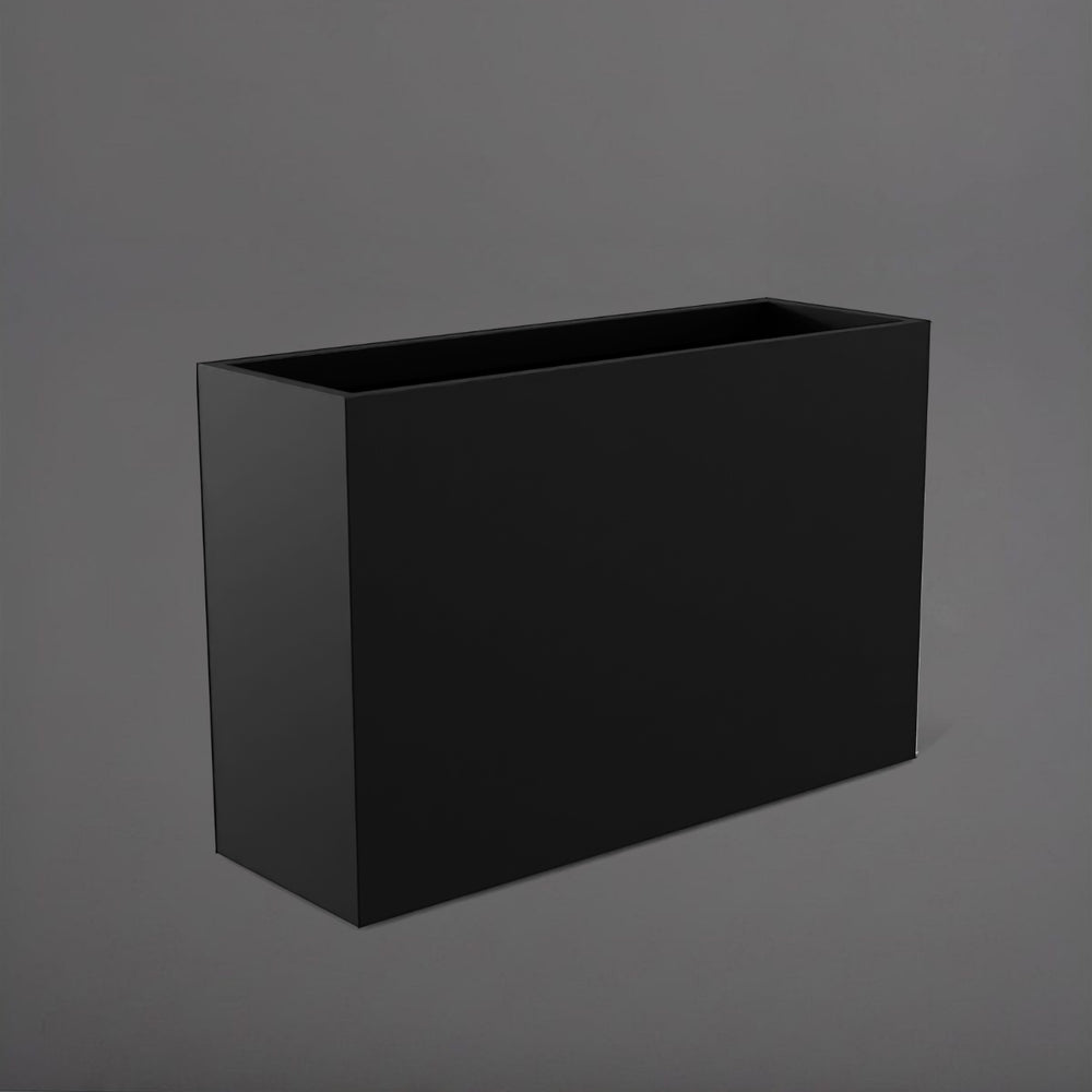 Potsdam Rectangle Fiberglass Planter in matte black against gray background.