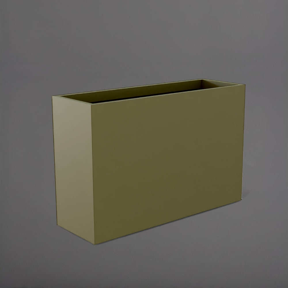 Potsdam Rectangle Fiberglass Planter in matte bronze against gray background.