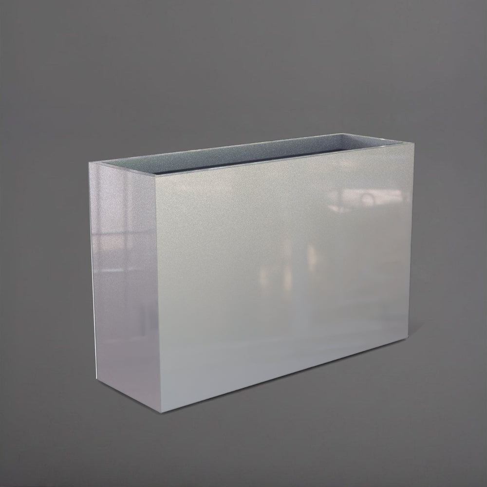 Potsdam Rectangle Fiberglass Planter in metallic silver against gray background.
