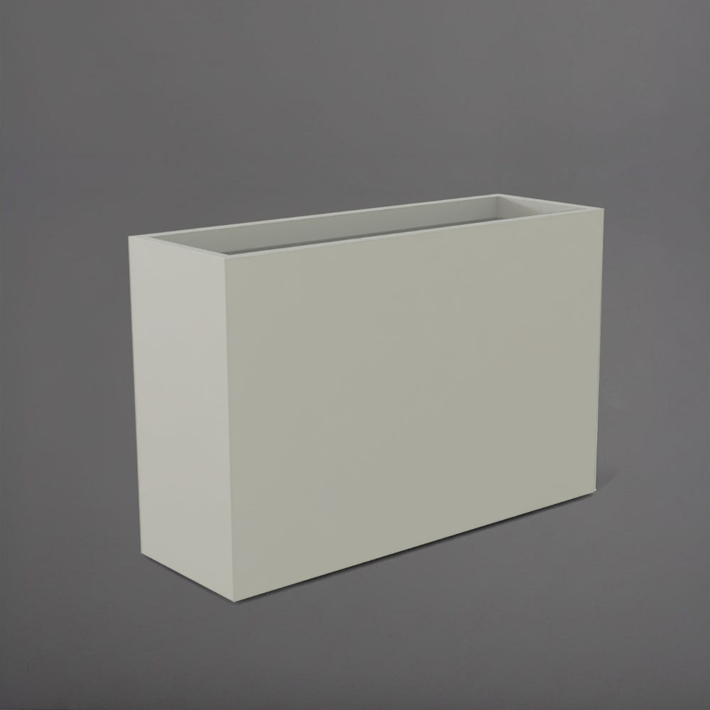 Potsdam Rectangle Fiberglass Planter in satin beige against gray background.