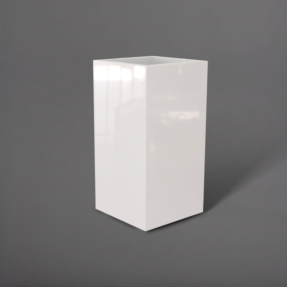 Potsdam Tall Corner Fiberglass Planter in gloss bright white against gray background.