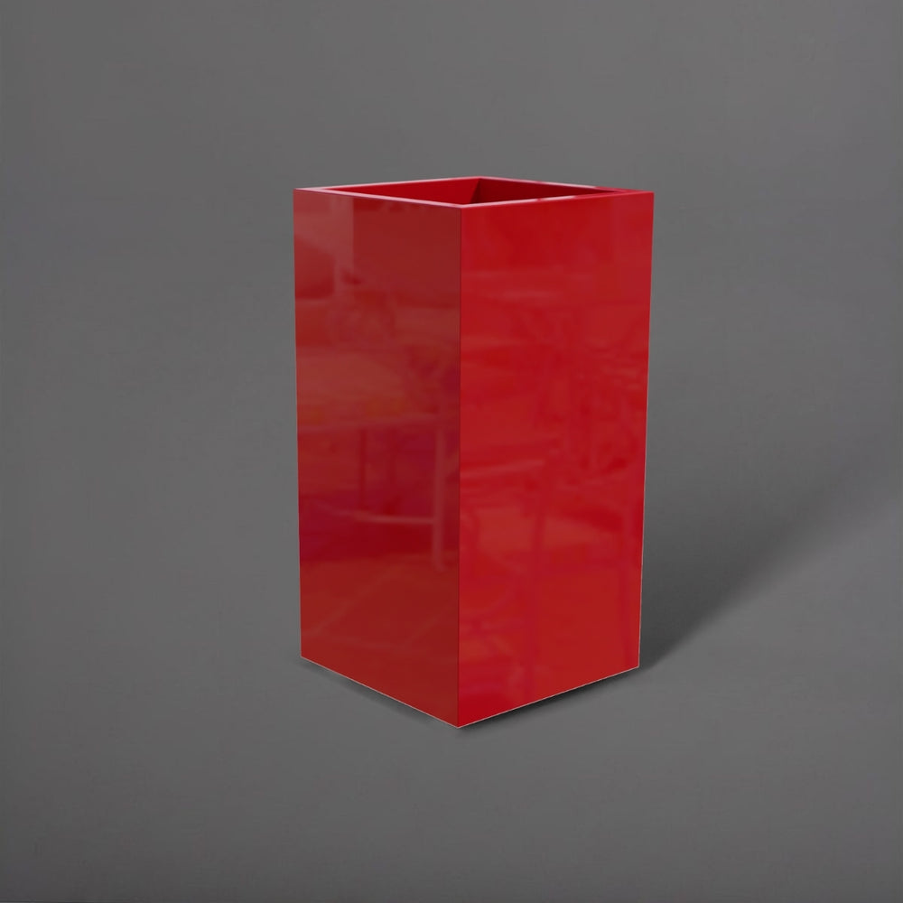 Potsdam Tall Corner Fiberglass Planter in gloss red against gray background.