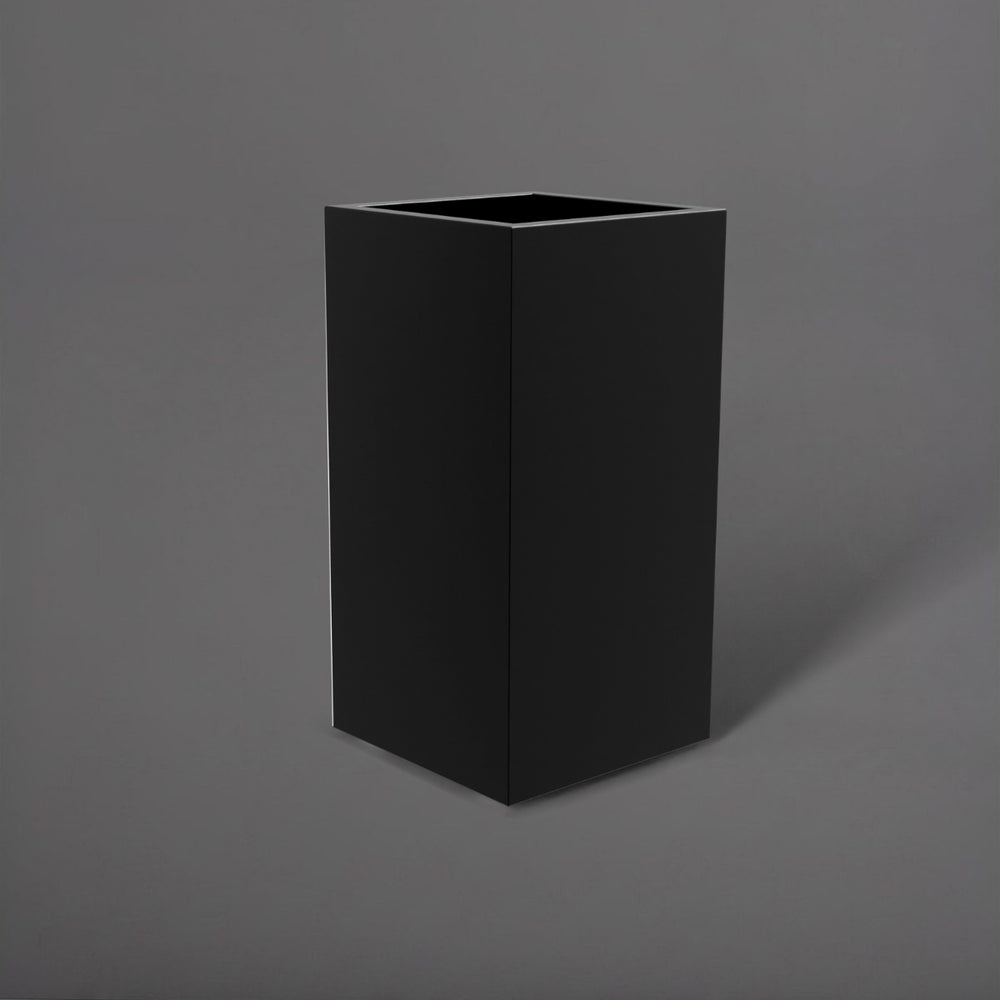 Potsdam Tall Corner Fiberglass Planter in matte black against gray background.