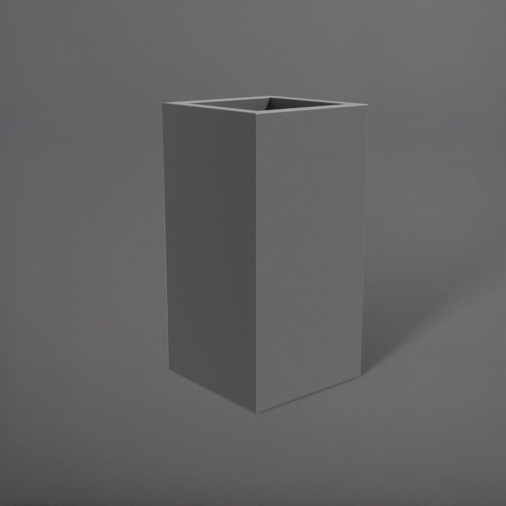 Potsdam Tall Corner Fiberglass Planter in matte gunmetal against gray background.