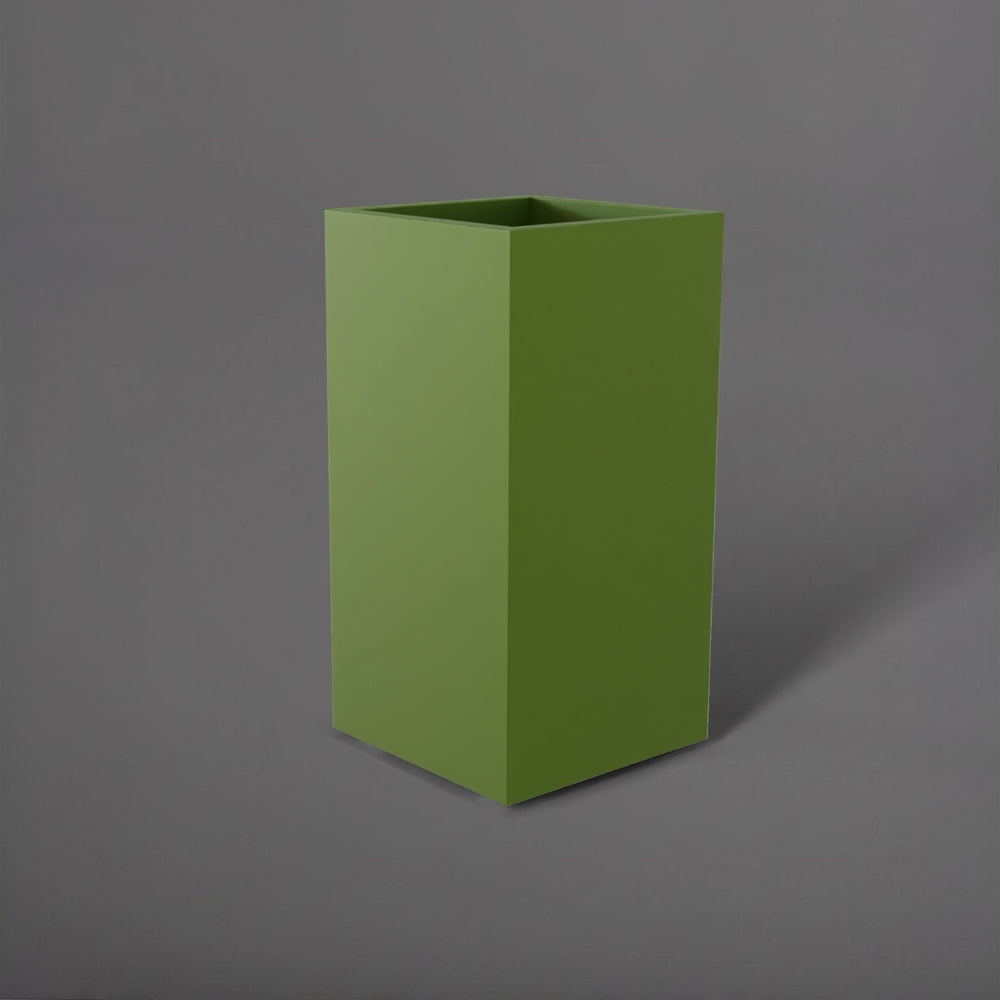 Potsdam Tall Corner Fiberglass Planter in satin green against gray background.