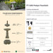 Complete overview of the Powys Fountain with dimensions, weights, pump kit parts, tools, and general info.