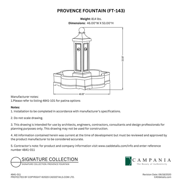 CAD drawing of the Provence Fountain with dimensions, weight, and manufacturer notes.