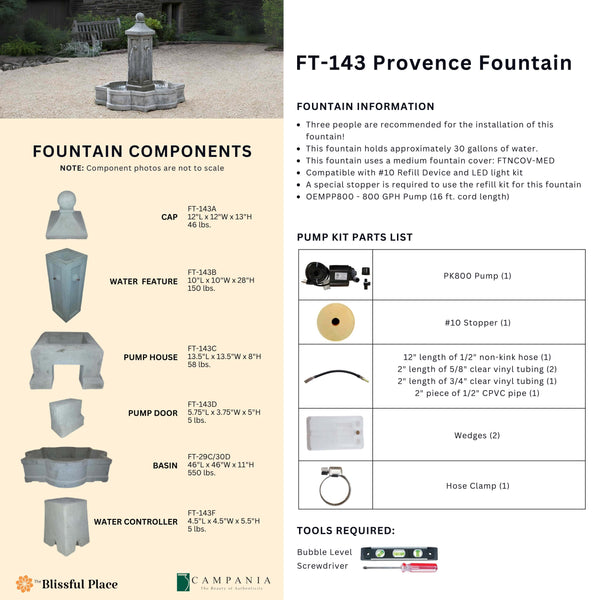 Complete overview of the Provence Fountain with dimensions, weights, pump kit parts, tools, and general info.
