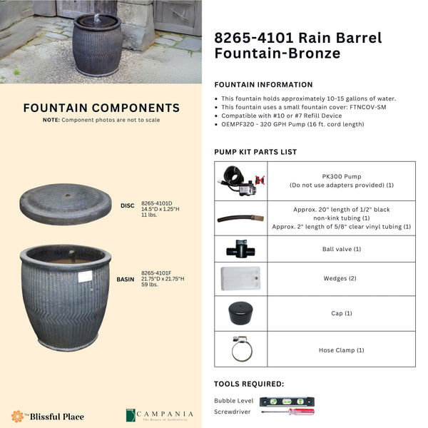 Complete overview of the Rain Barrel Fountain - Bronze with dimensions, weights, pump kit parts, tools, and general info.