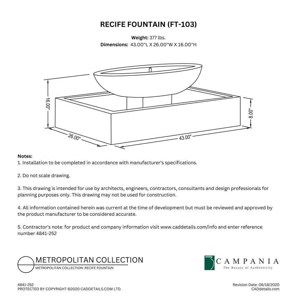 CAD drawing of the Recife Fountain with dimensions, weight, and manufacturer notes.