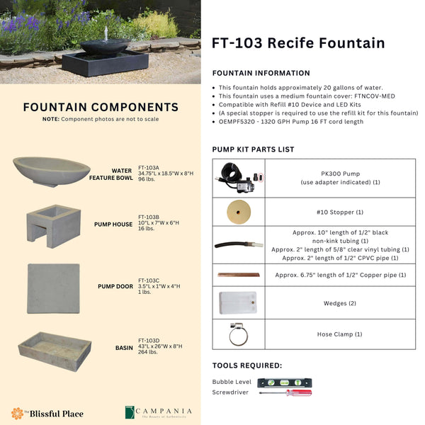 Complete overview of the Recife Fountain with dimensions, weights, pump kit parts, tools, and general info.