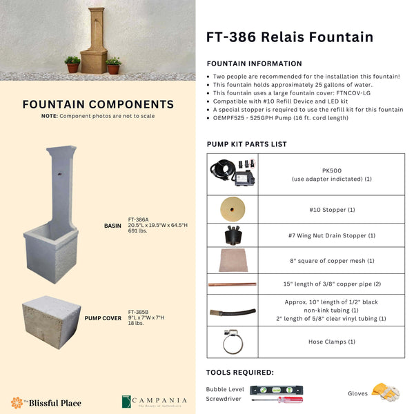 Complete overview of the Relais Fountain with dimensions, weights, pump kit parts, tools, and general info.