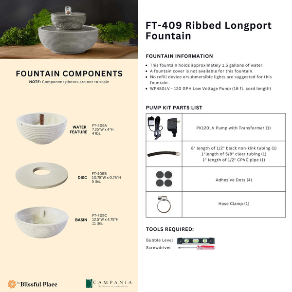 Complete overview of the Ribbed Longport Fountain with dimensions, weights, pump kit parts, tools, and general info.