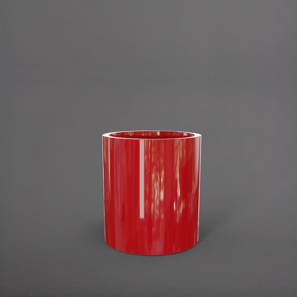 Rio Grande Cylinder Fiberglass Planter in gloss red against gray background.