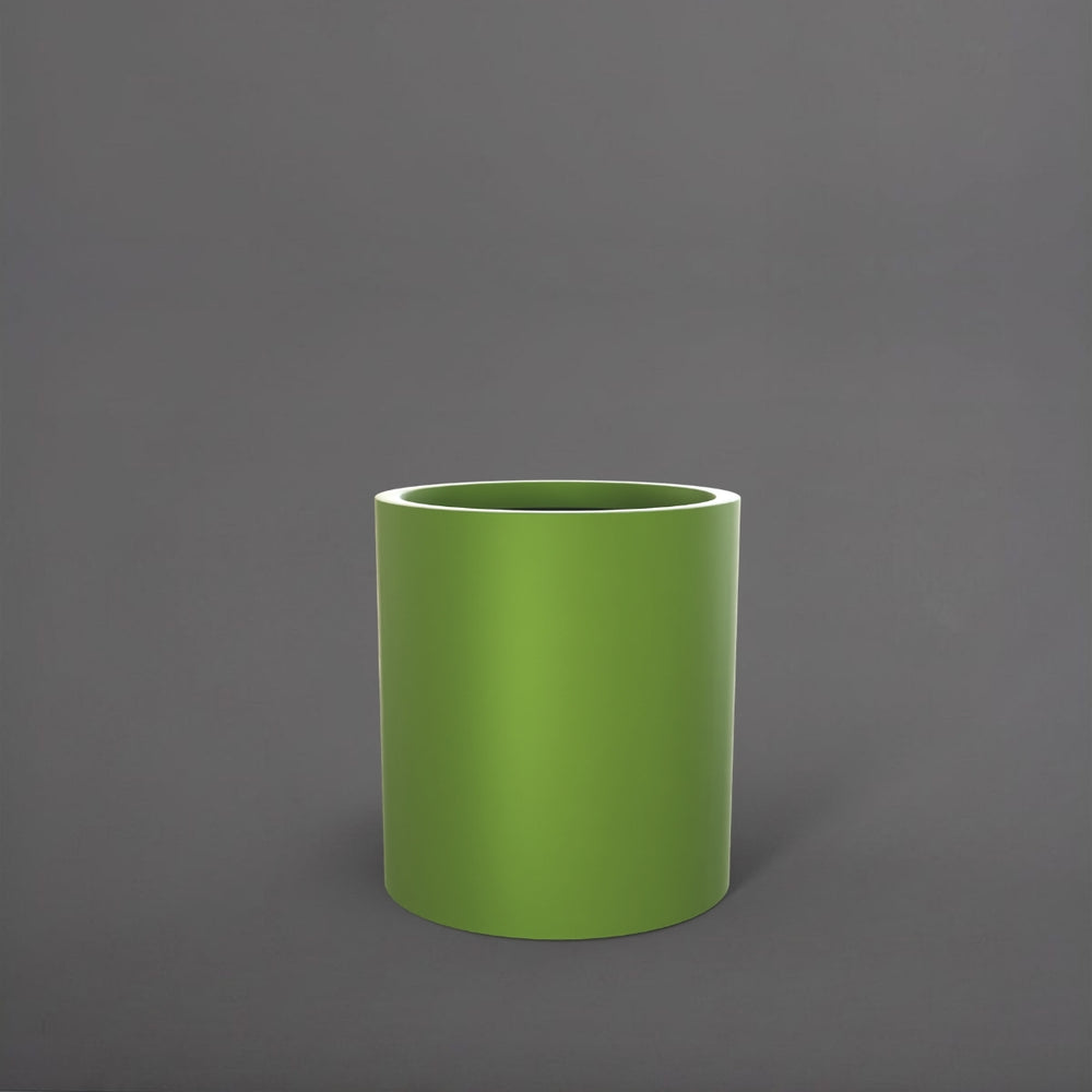Rio Grande Cylinder Fiberglass Planter in satin green against gray background.