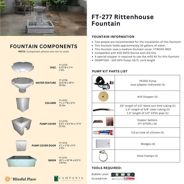 Complete overview of the Rittenhouse Fountain with dimensions, weights, pump kit parts, tools, and general info.