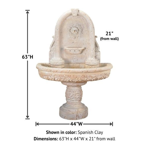 Robbiana Wall Fountain against white background with product details.