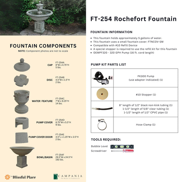 Complete overview of the Rochefort Fountain with dimensions, weights, pump kit parts, tools, and general info.