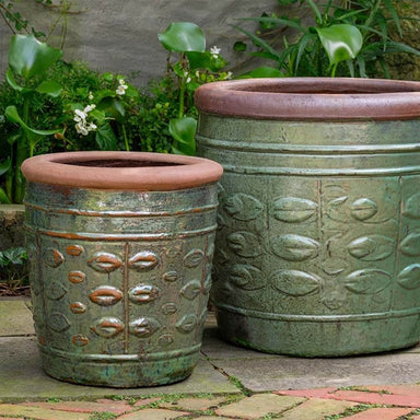 Rustic Leaf Pot Planter - Rustic Green - Set of 2 on concrete in the backyard