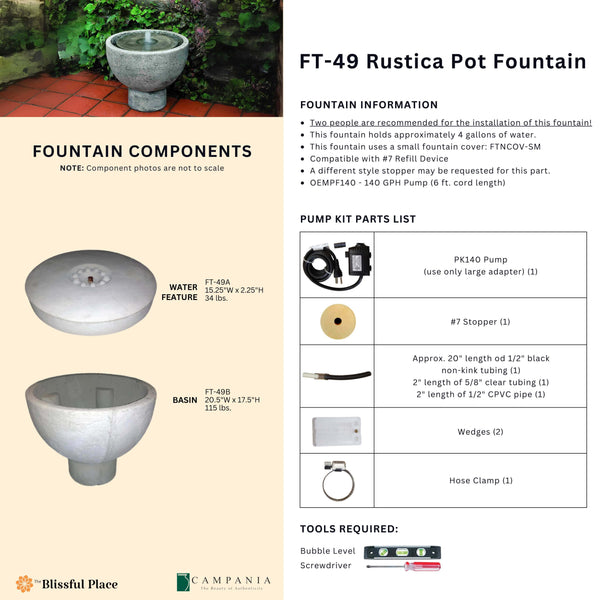 Complete overview of the Rustica Pot Fountain with dimensions, weights, pump kit parts, tools, and general info.