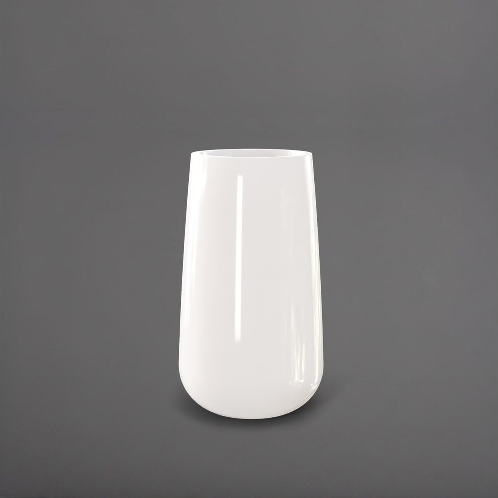 Saigon Tapered Round Fiberglass Planter in gloss bright white against gray background.
