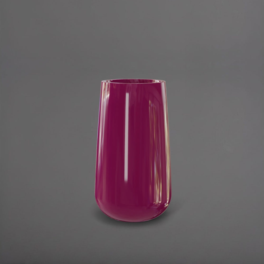 Saigon Tapered Round Fiberglass Planter in gloss eggplant against gray background.