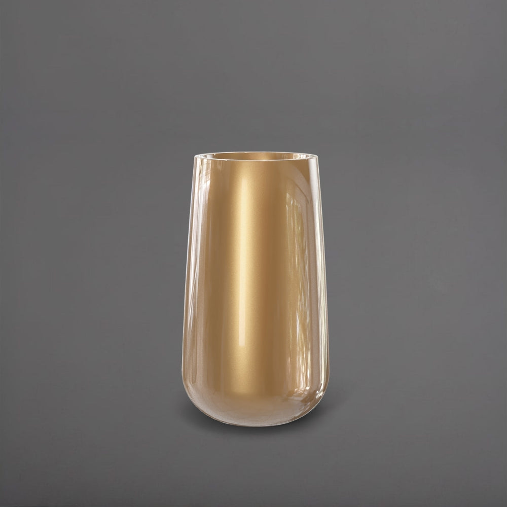 Saigon Tapered Round Fiberglass Planter in gloss metallic gold against gray background.