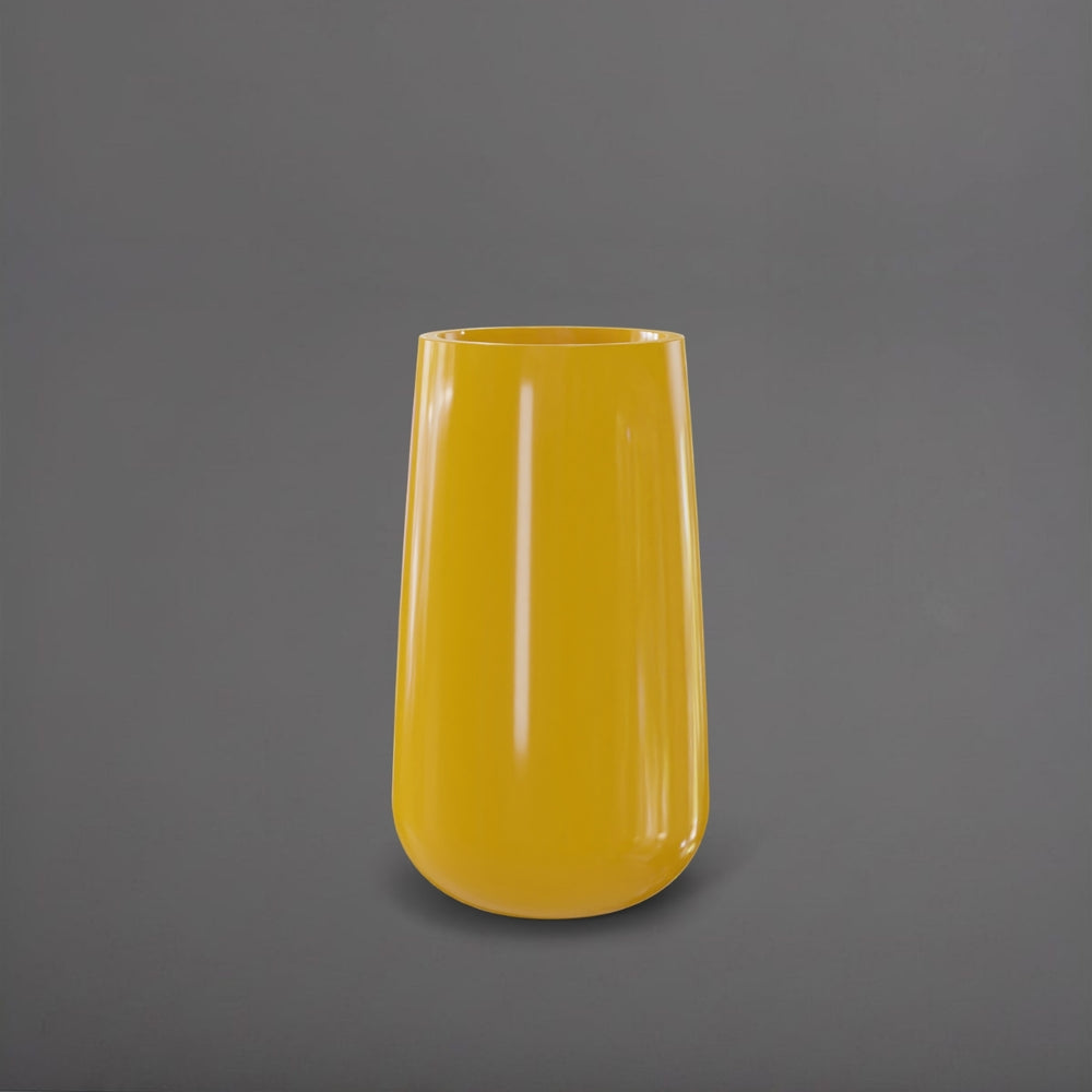 Saigon Tapered Round Fiberglass Planter in gloss saffron against gray background.