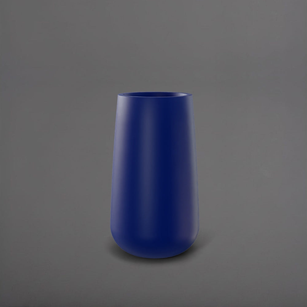 Saigon Tapered Round Fiberglass Planter in matte cobalt blue against gray background.
