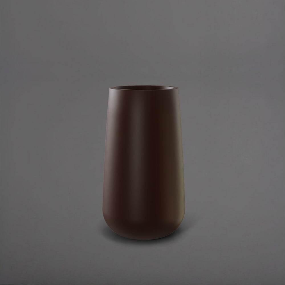 Saigon Tapered Round Fiberglass Planter in matte dark brown against gray background.