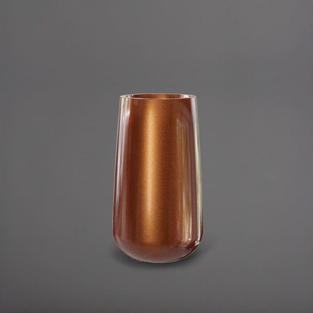 Saigon Tapered Round Fiberglass Planter in metallic bronze against gray background.