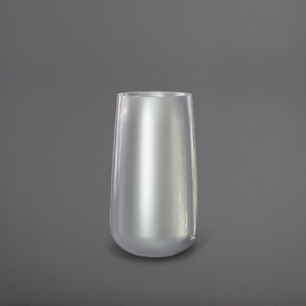 Saigon Tapered Round Fiberglass Planter in metallic silver against gray background.