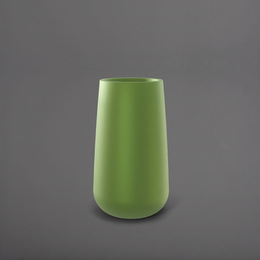 Saigon Tapered Round Fiberglass Planter in satin green against gray background.