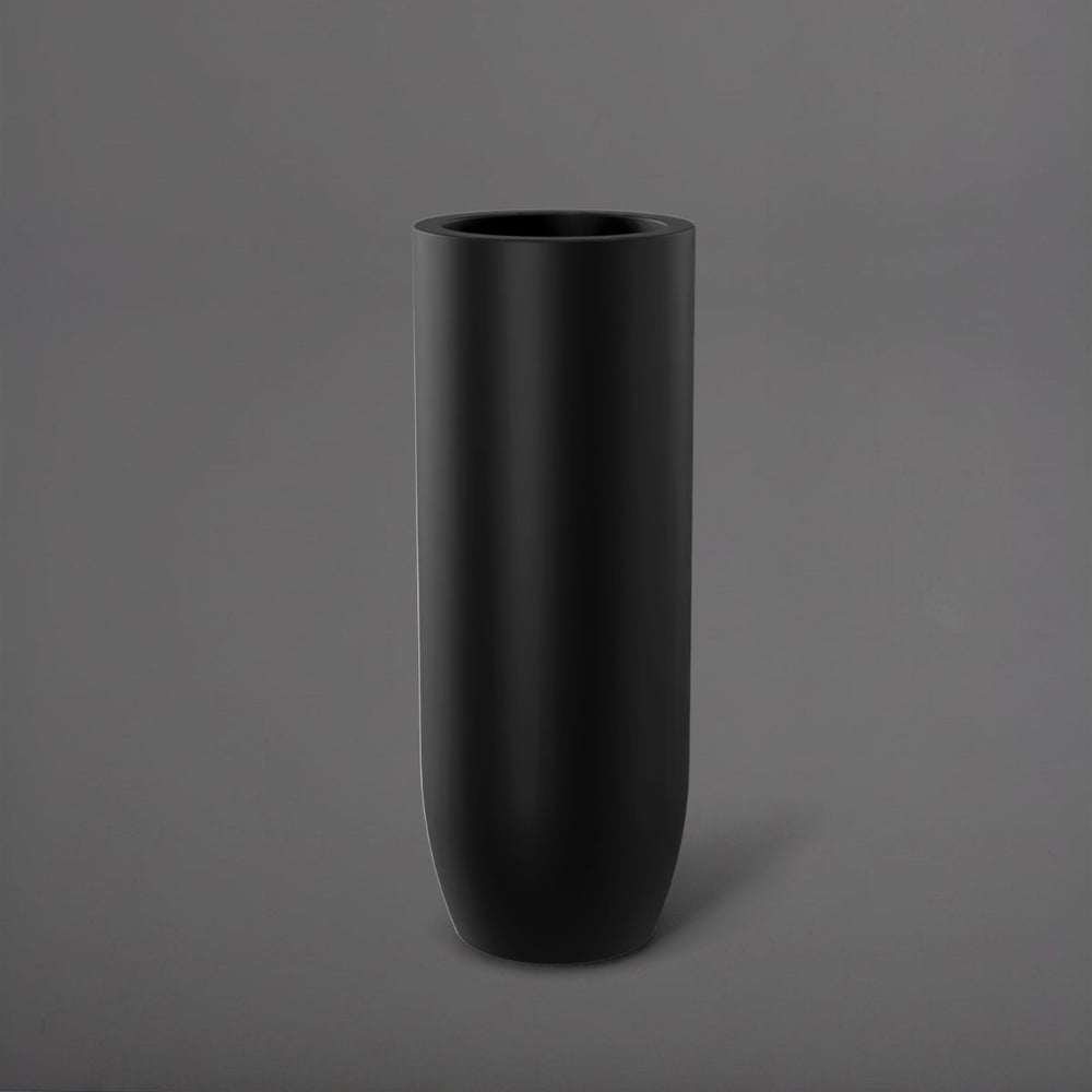 Saint Tropez Tall Bullet Round Fiberglass Planter in matte black against gray background.