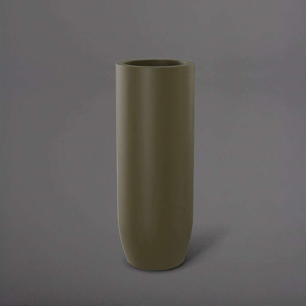 Saint Tropez Tall Bullet Round Fiberglass Planter in matte bronze against gray background.