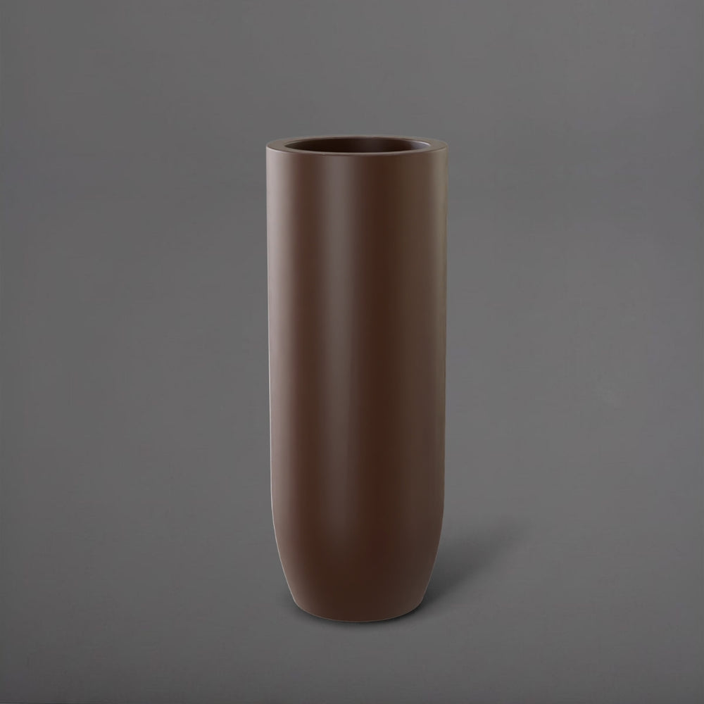 Saint Tropez Tall Bullet Round Fiberglass Planter in matte dark brown against gray background.