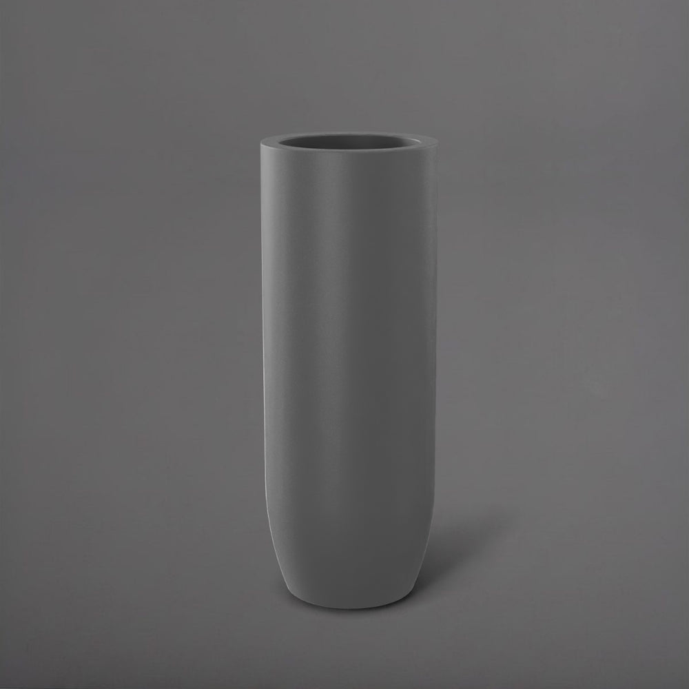Saint Tropez Tall Bullet Round Fiberglass Planter in matte gunmetal against gray background.