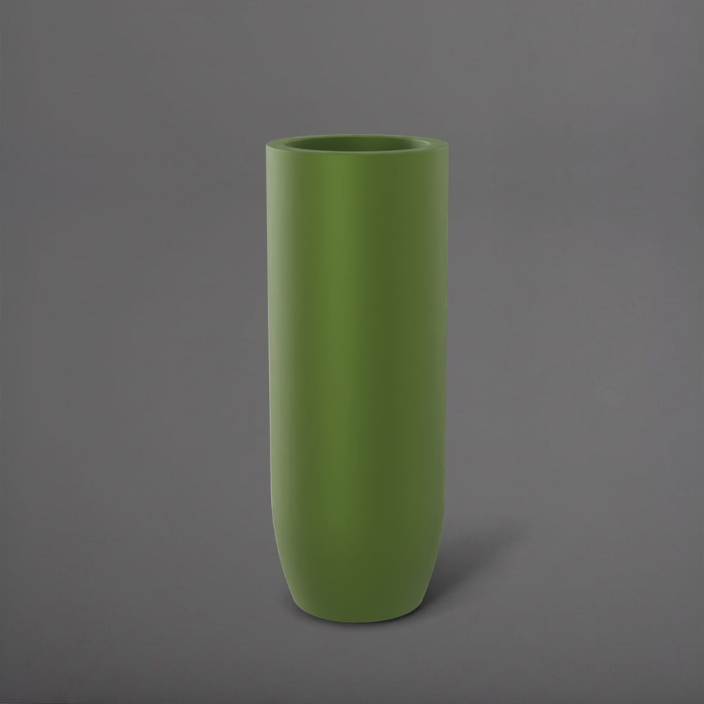 Saint Tropez Tall Bullet Round Fiberglass Planter in satin green against gray background.