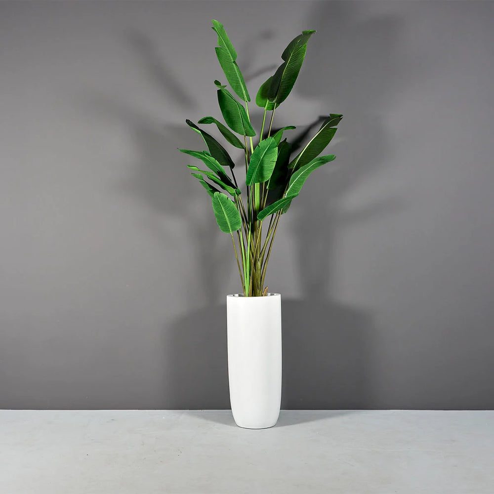 Saint Tropez Tall Bullet Round Fiberglass Planter on concrete filled with plants.