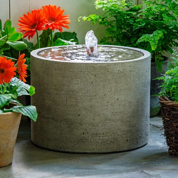 Salinas Fountain, Low on concrete beside orange flowers