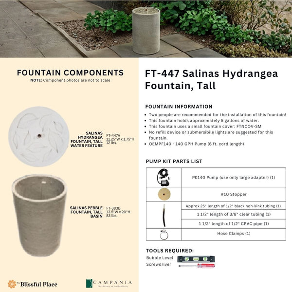 Salinas Hydrangea Fountain, Tall Info Sheet.