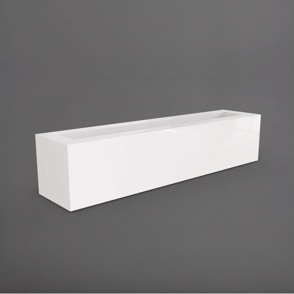 Salon Narrow Rectangle Fiberglass Planter in gloss bright white against gray background. 