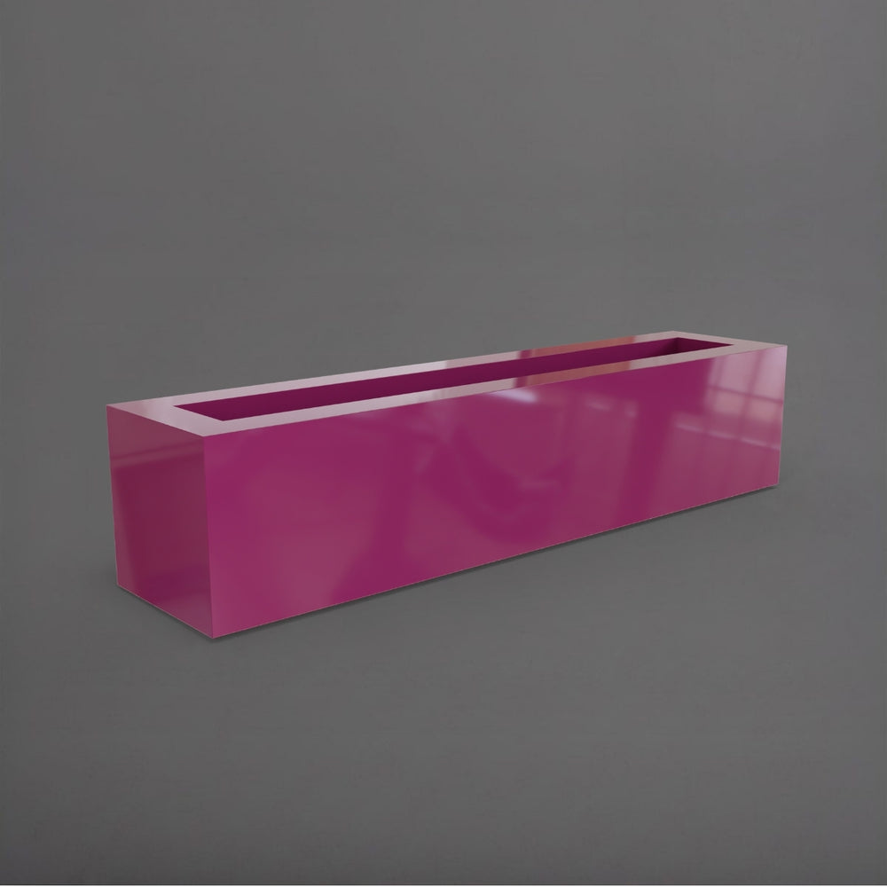 Salon Narrow Rectangle Fiberglass Planter in gloss eggplant against gray background. 