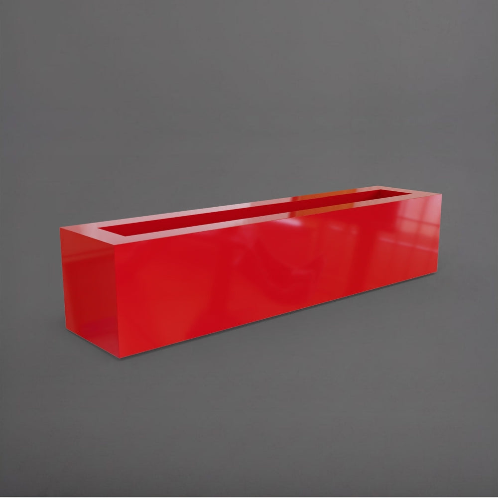 Salon Narrow Rectangle Fiberglass Planter in gloss red against gray background. 