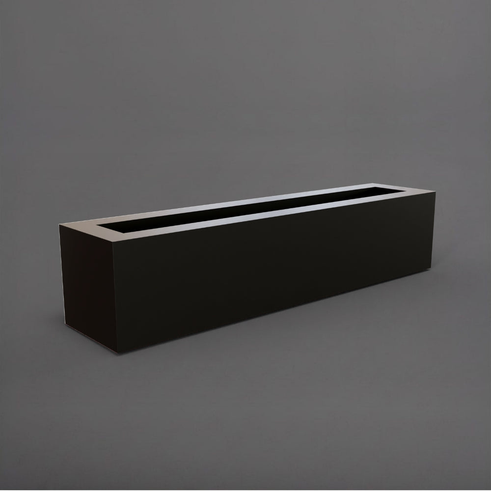 Salon Narrow Rectangle Fiberglass Planter in matte black against gray background. 
