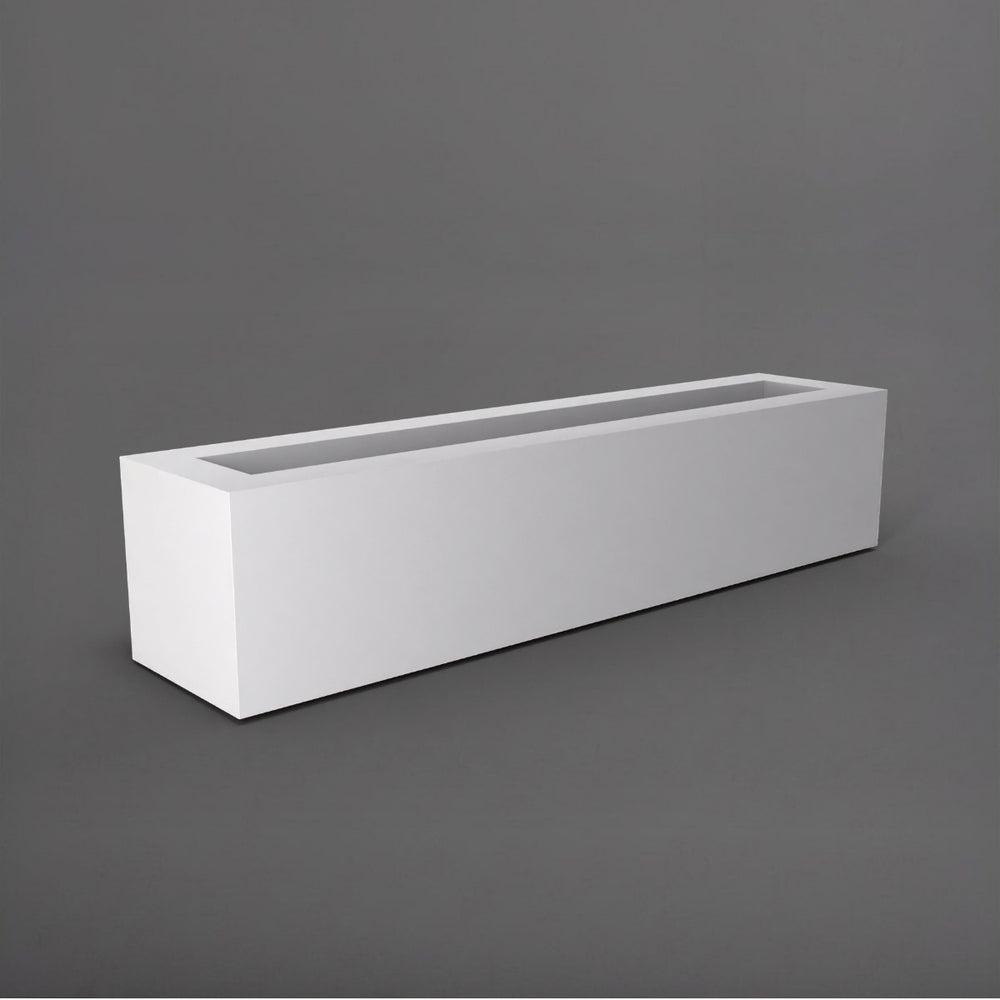 Salon Narrow Rectangle Fiberglass Planter in matte bright white against gray background. 