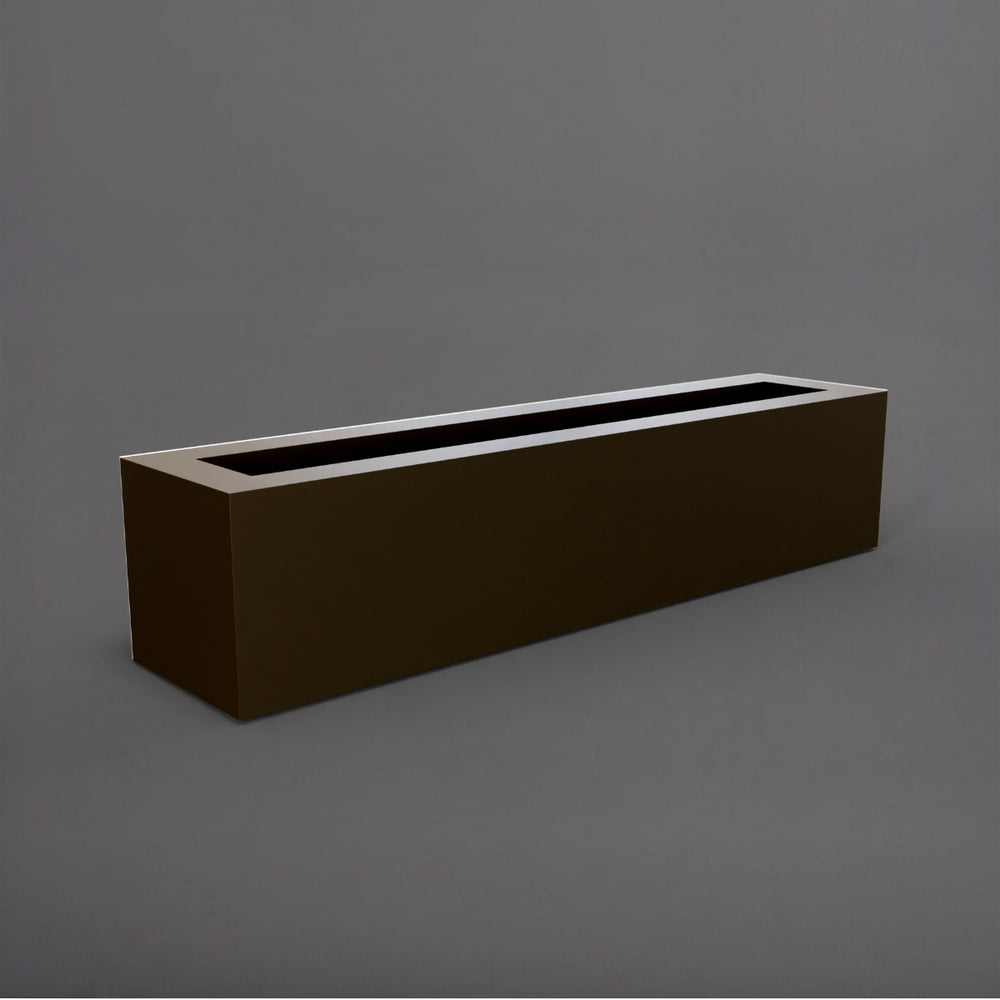 Salon Narrow Rectangle Fiberglass Planter in matte bronze against gray background. 