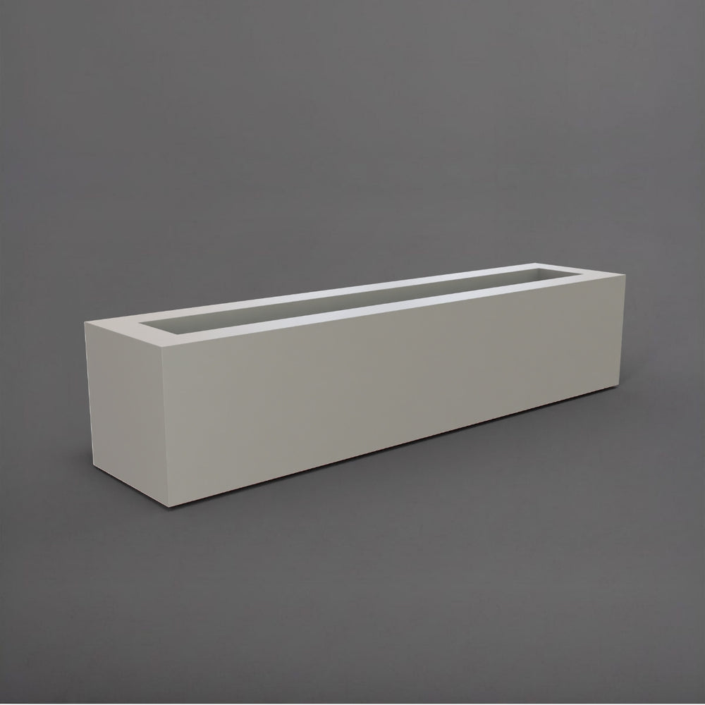 Salon Narrow Rectangle Fiberglass Planter in matte cement grey against gray background. 